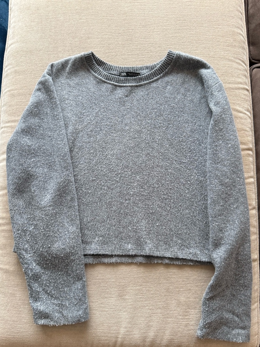Zara Heather Gray Ribbed-Neck Knit Top